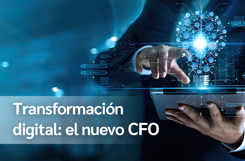 jecutivo financiero analizando gráficos y datos en una pantalla digital, representando el futuro del CFO en 2025 con inteligencia artificial, automatización y transformación digital en las finanzas.